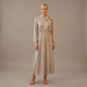 Elegant Champagne Sequin Midi Dress Long Sleeve Premium Style